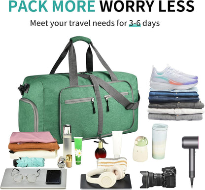 40L Travel Duffle Bag for Men Women - Foldable Duffel Bag with Shoes Compartment - Overnight Bags Waterproof & Tear Resistant(Green)