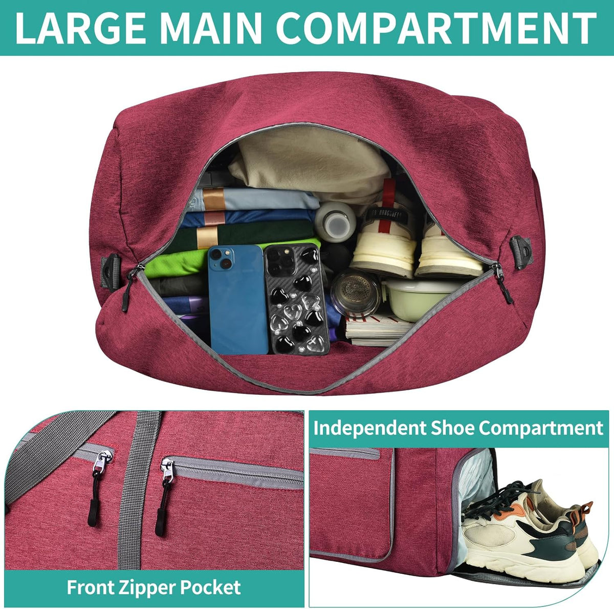 40L Travel Duffle Bag for Men Women - Foldable Duffel Bag with Shoes Compartment - Overnight Bags Waterproof & Tear Resistant(Green)