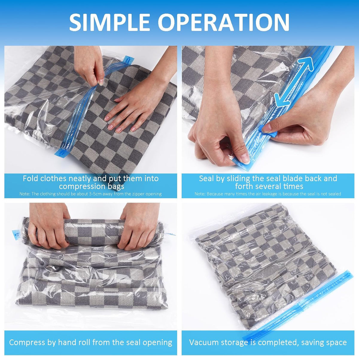9pcs Roll up Vacuum Compression Bags Space Saver Storage Bags for Travel Clothing Packing with Small, Medium, Large Sizes