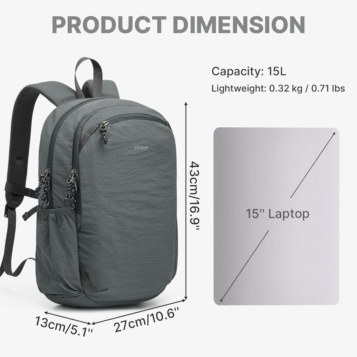 15L Hiking Backpack Lightweight Small Travel Backpack Casual Daypack for Women Men Outdoor Campus, Gray