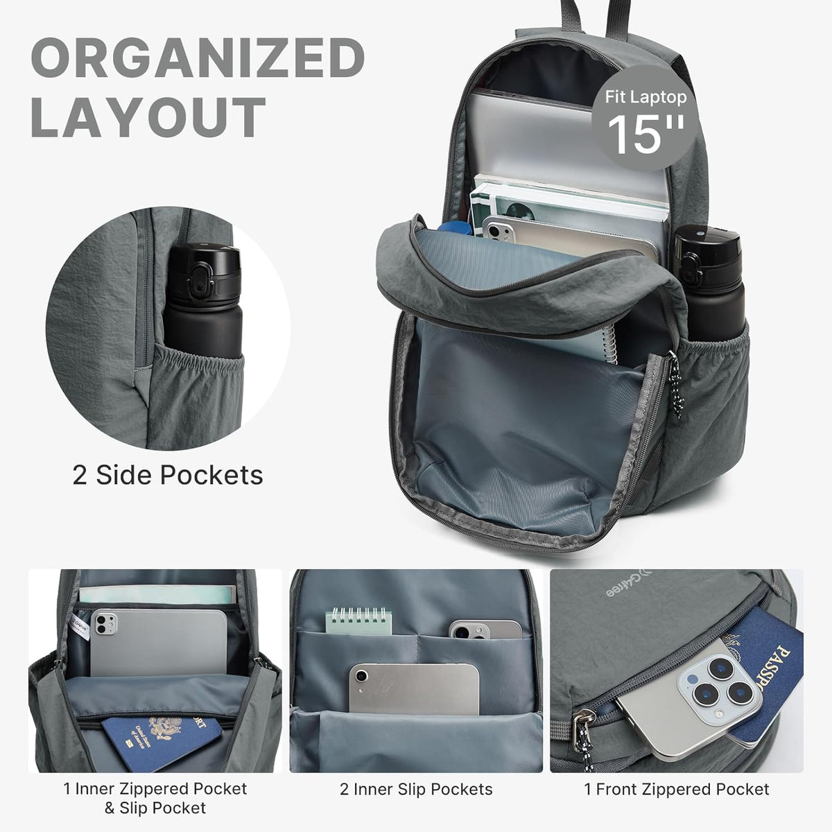 15L Hiking Backpack Lightweight Small Travel Backpack Casual Daypack for Women Men Outdoor Campus, Gray