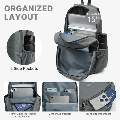 15L Hiking Backpack Lightweight Small Travel Backpack Casual Daypack for Women Men Outdoor Campus, Gray