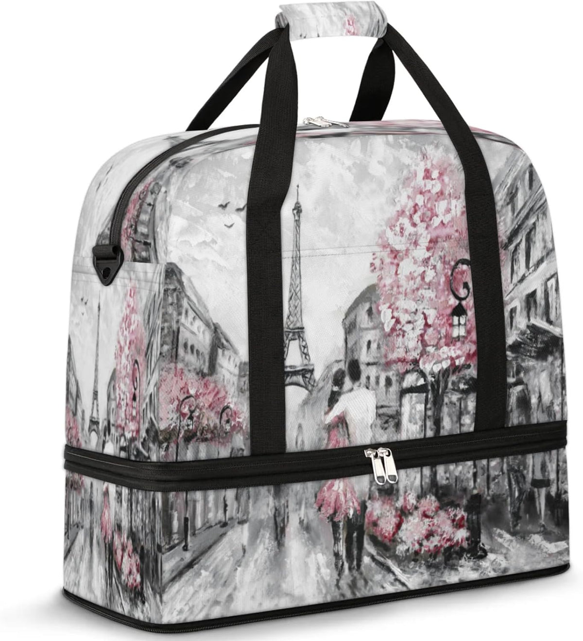 Paris Eiffel Tower Foldable Travel Duffel Bag, Expandable Sports Gym Bag with Shoes Compartment Weekender Overnight Totes Bags for Women Men