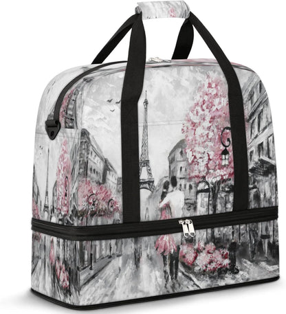 Paris Eiffel Tower Foldable Travel Duffel Bag, Expandable Sports Gym Bag with Shoes Compartment Weekender Overnight Totes Bags for Women Men