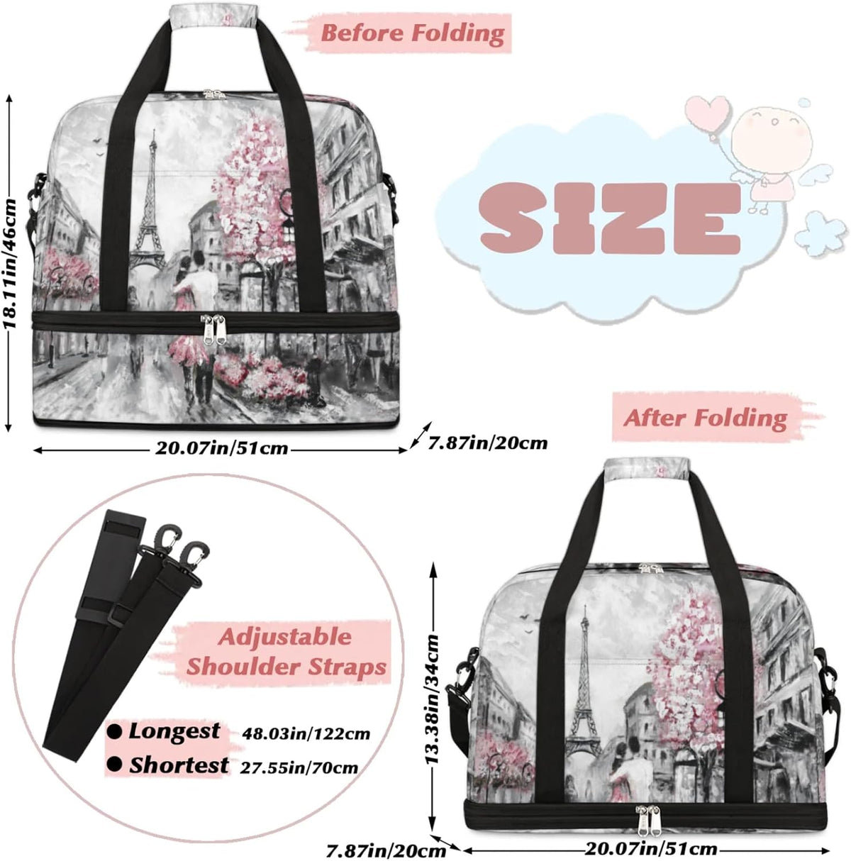 Paris Eiffel Tower Foldable Travel Duffel Bag, Expandable Sports Gym Bag with Shoes Compartment Weekender Overnight Totes Bags for Women Men