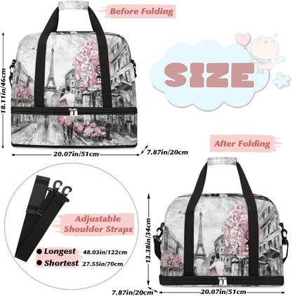 Paris Eiffel Tower Foldable Travel Duffel Bag, Expandable Sports Gym Bag with Shoes Compartment Weekender Overnight Totes Bags for Women Men