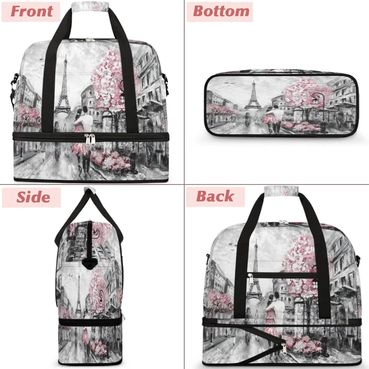Paris Eiffel Tower Foldable Travel Duffel Bag, Expandable Sports Gym Bag with Shoes Compartment Weekender Overnight Totes Bags for Women Men