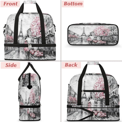 Paris Eiffel Tower Foldable Travel Duffel Bag, Expandable Sports Gym Bag with Shoes Compartment Weekender Overnight Totes Bags for Women Men