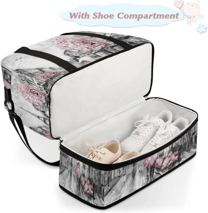 Paris Eiffel Tower Foldable Travel Duffel Bag, Expandable Sports Gym Bag with Shoes Compartment Weekender Overnight Totes Bags for Women Men