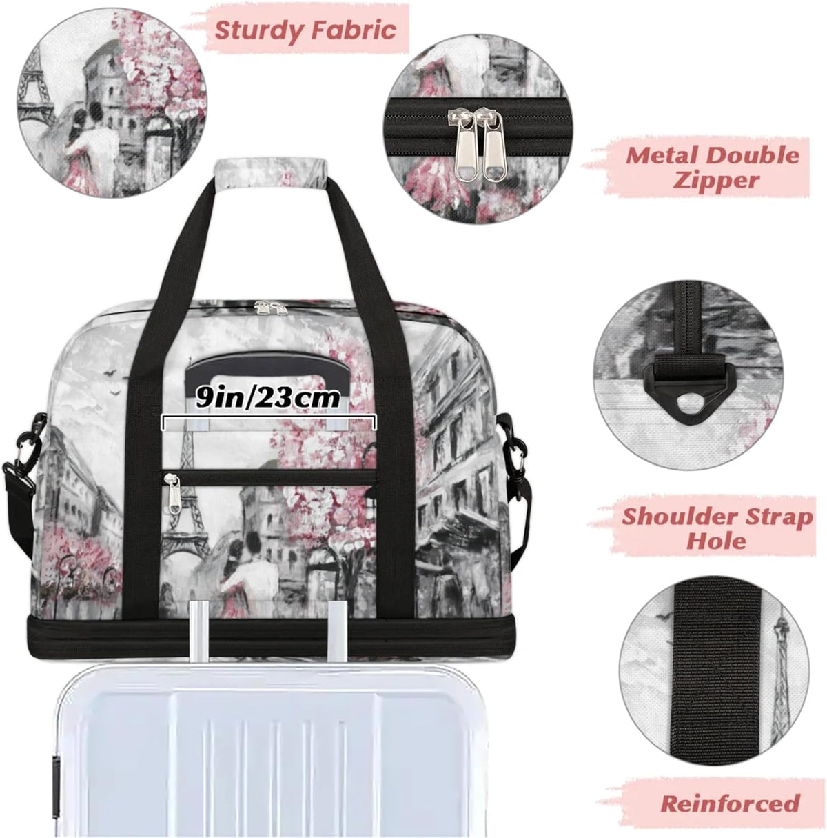 Paris Eiffel Tower Foldable Travel Duffel Bag, Expandable Sports Gym Bag with Shoes Compartment Weekender Overnight Totes Bags for Women Men