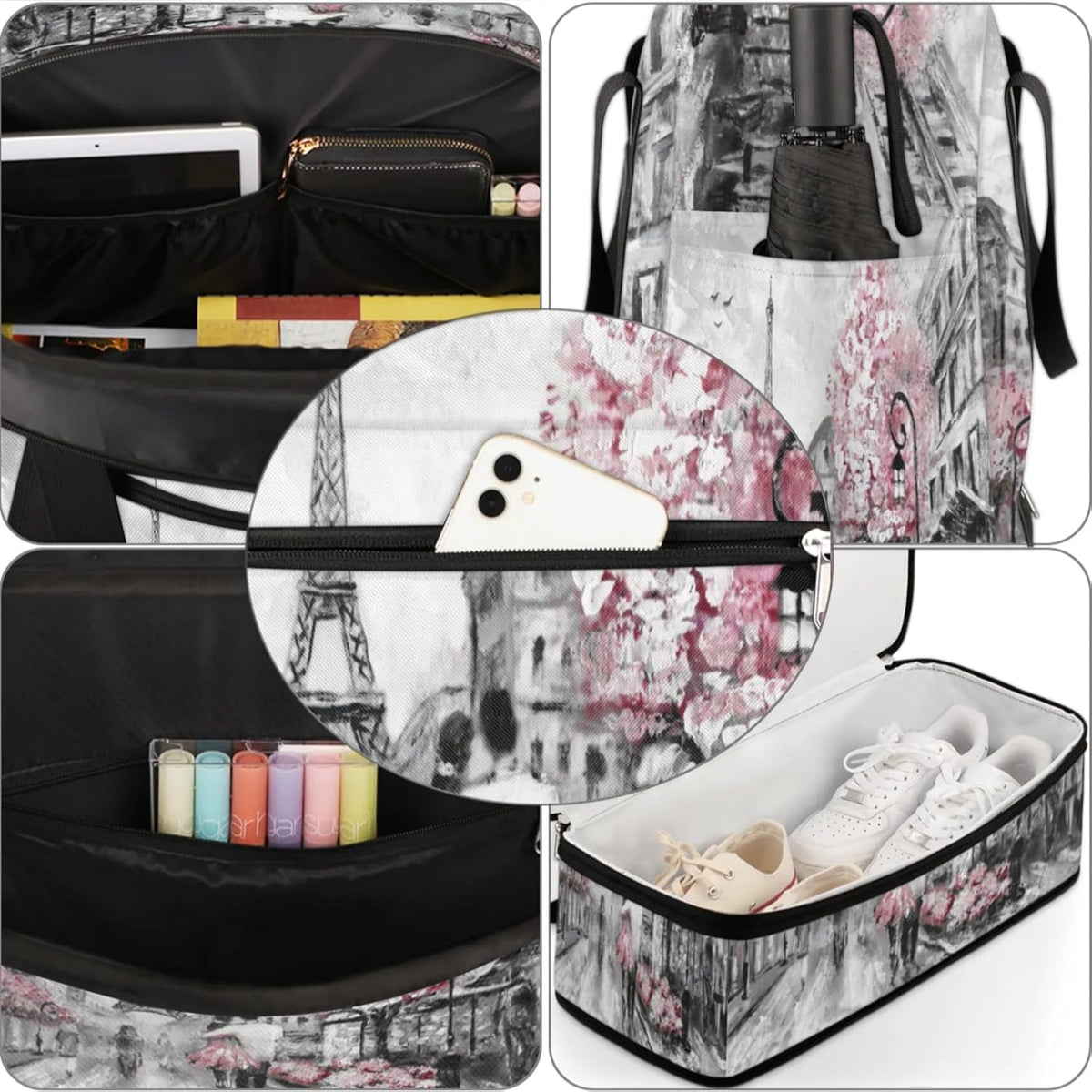 Paris Eiffel Tower Foldable Travel Duffel Bag, Expandable Sports Gym Bag with Shoes Compartment Weekender Overnight Totes Bags for Women Men