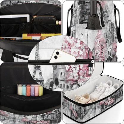 Paris Eiffel Tower Foldable Travel Duffel Bag, Expandable Sports Gym Bag with Shoes Compartment Weekender Overnight Totes Bags for Women Men