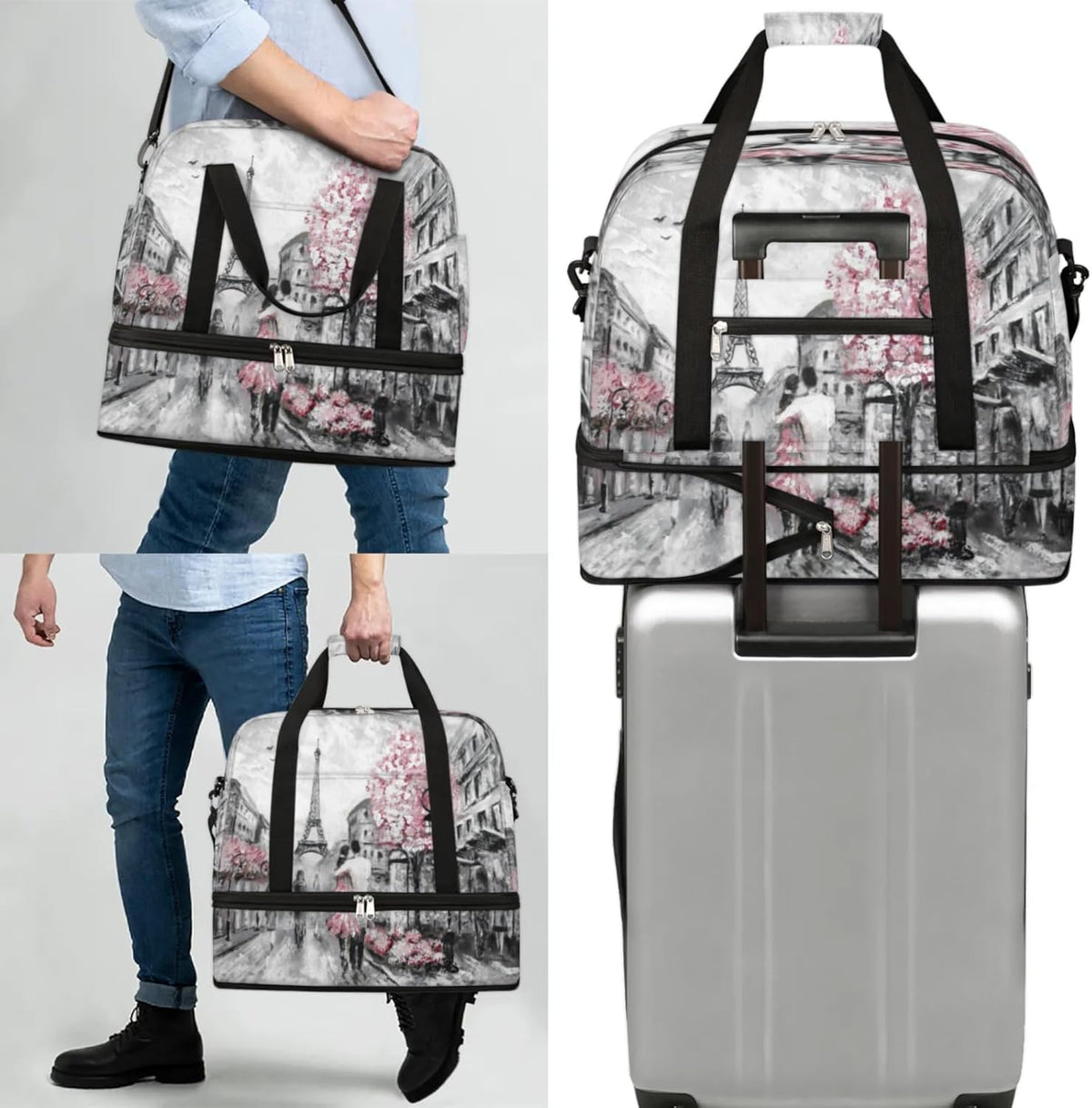 Paris Eiffel Tower Foldable Travel Duffel Bag, Expandable Sports Gym Bag with Shoes Compartment Weekender Overnight Totes Bags for Women Men