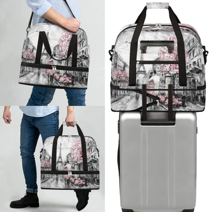 Paris Eiffel Tower Foldable Travel Duffel Bag, Expandable Sports Gym Bag with Shoes Compartment Weekender Overnight Totes Bags for Women Men