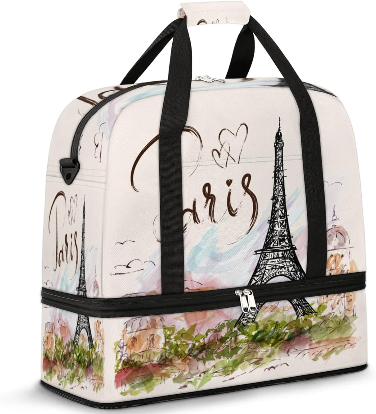Paris Eiffel Tower Foldable Travel Duffel Bag, Expandable Sports Gym Bag with Shoes Compartment Weekender Overnight Totes Bags for Women Men
