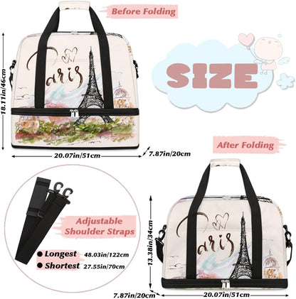 Paris Eiffel Tower Foldable Travel Duffel Bag, Expandable Sports Gym Bag with Shoes Compartment Weekender Overnight Totes Bags for Women Men