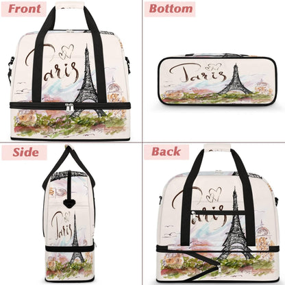 Paris Eiffel Tower Foldable Travel Duffel Bag, Expandable Sports Gym Bag with Shoes Compartment Weekender Overnight Totes Bags for Women Men