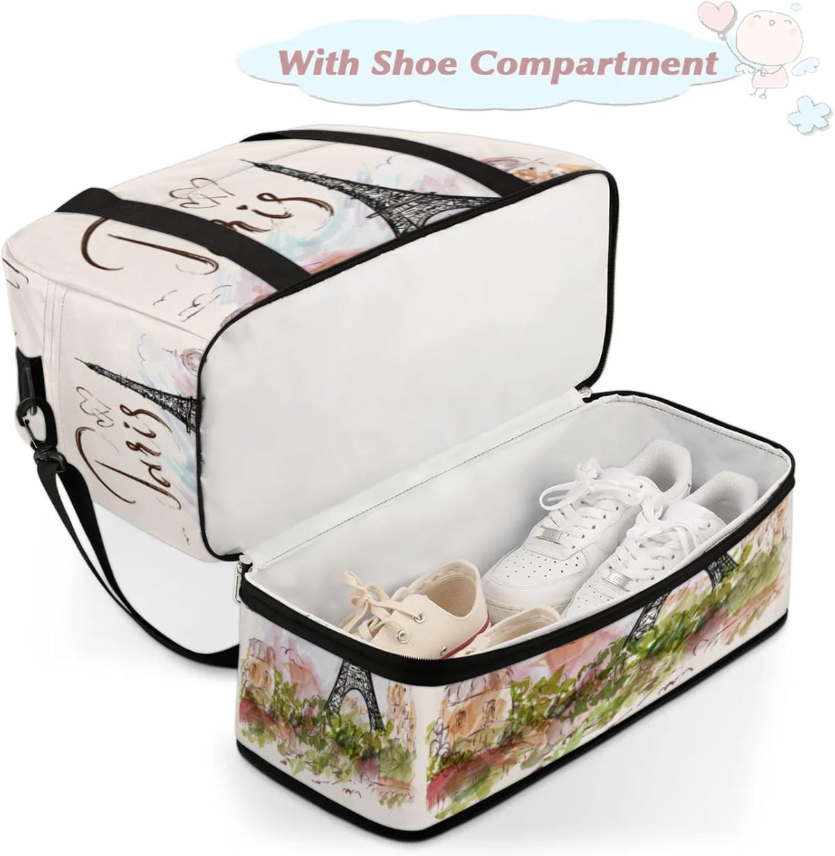 Paris Eiffel Tower Foldable Travel Duffel Bag, Expandable Sports Gym Bag with Shoes Compartment Weekender Overnight Totes Bags for Women Men