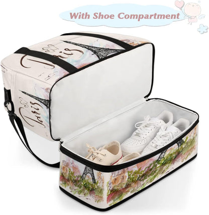 Paris Eiffel Tower Foldable Travel Duffel Bag, Expandable Sports Gym Bag with Shoes Compartment Weekender Overnight Totes Bags for Women Men