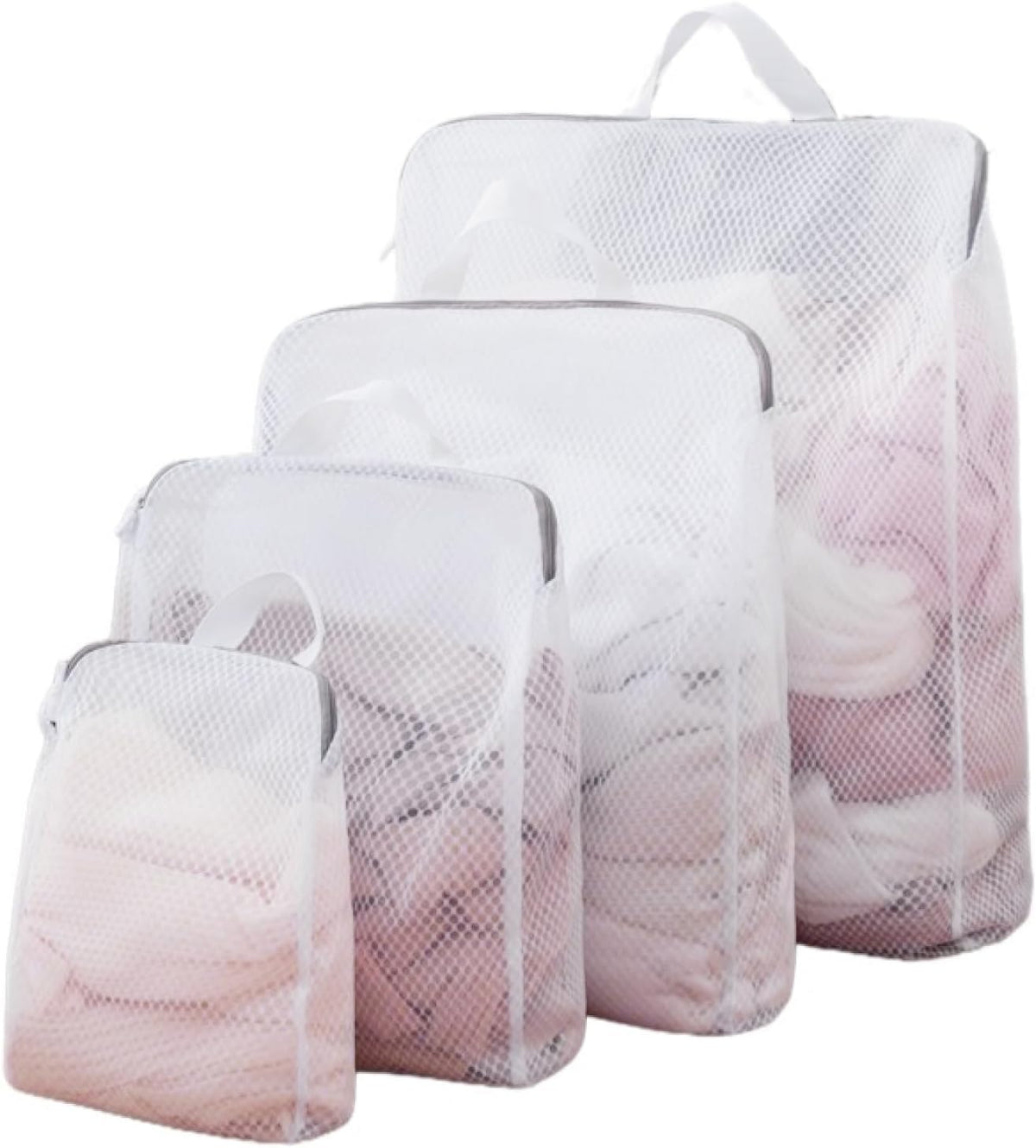 4Pcs 3D Mesh Laundry Bags with Hanging Handles (S/M/L/XL) - Durable Zippered Wash Bags for Delicates, Shoes & Bulk Clothes - Space-Saving Foldable Design