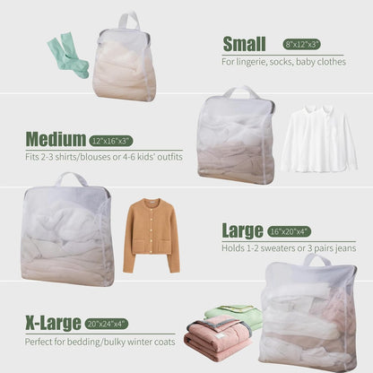 4Pcs 3D Mesh Laundry Bags with Hanging Handles (S/M/L/XL) - Durable Zippered Wash Bags for Delicates, Shoes & Bulk Clothes - Space-Saving Foldable Design