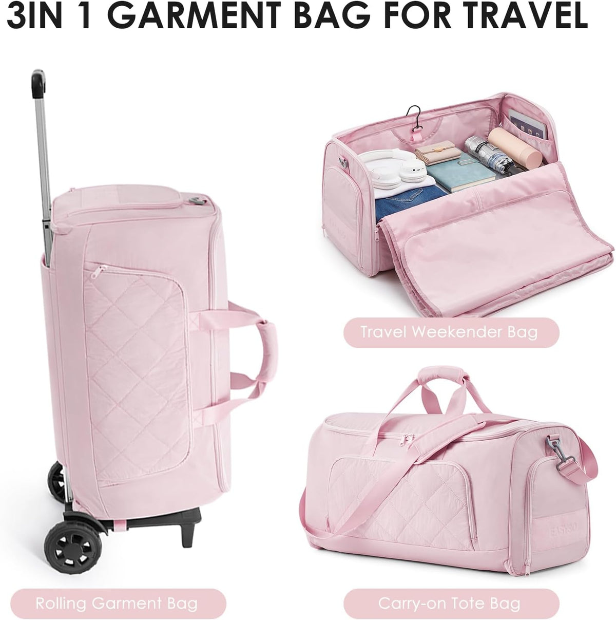 Rolling Garment Bag for Travel,Duffle Garment Bag with Wheels and Shoe Compartment for Men and Women,3 in 1 Suit Dress Bags with Wheels（Black）