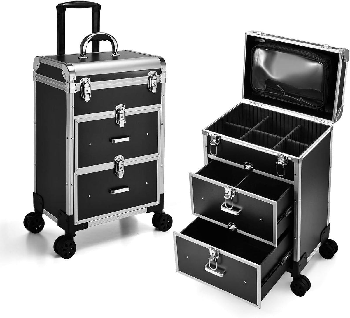 Professional Rolling Makeup Train Case with Drawers, Makeup Case on Wheels, Nail Tech Rolling Cart Storage Organizer Trolley Make up Case for Travel Makeup/Nail Art/Hair Styling, Dark Green