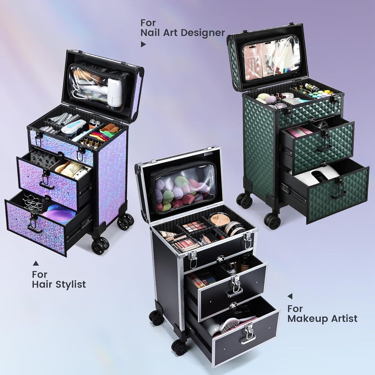 Professional Rolling Makeup Train Case with Drawers, Makeup Case on Wheels, Nail Tech Rolling Cart Storage Organizer Trolley Make up Case for Travel Makeup/Nail Art/Hair Styling, Dark Green