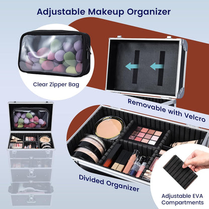 Professional Rolling Makeup Train Case with Drawers, Makeup Case on Wheels, Nail Tech Rolling Cart Storage Organizer Trolley Make up Case for Travel Makeup/Nail Art/Hair Styling, Dark Green