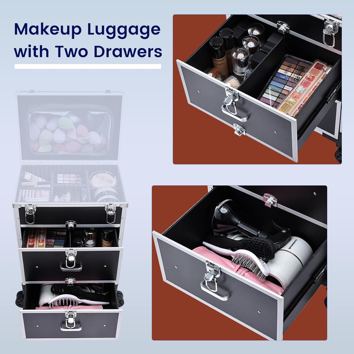 Professional Rolling Makeup Train Case with Drawers, Makeup Case on Wheels, Nail Tech Rolling Cart Storage Organizer Trolley Make up Case for Travel Makeup/Nail Art/Hair Styling, Dark Green