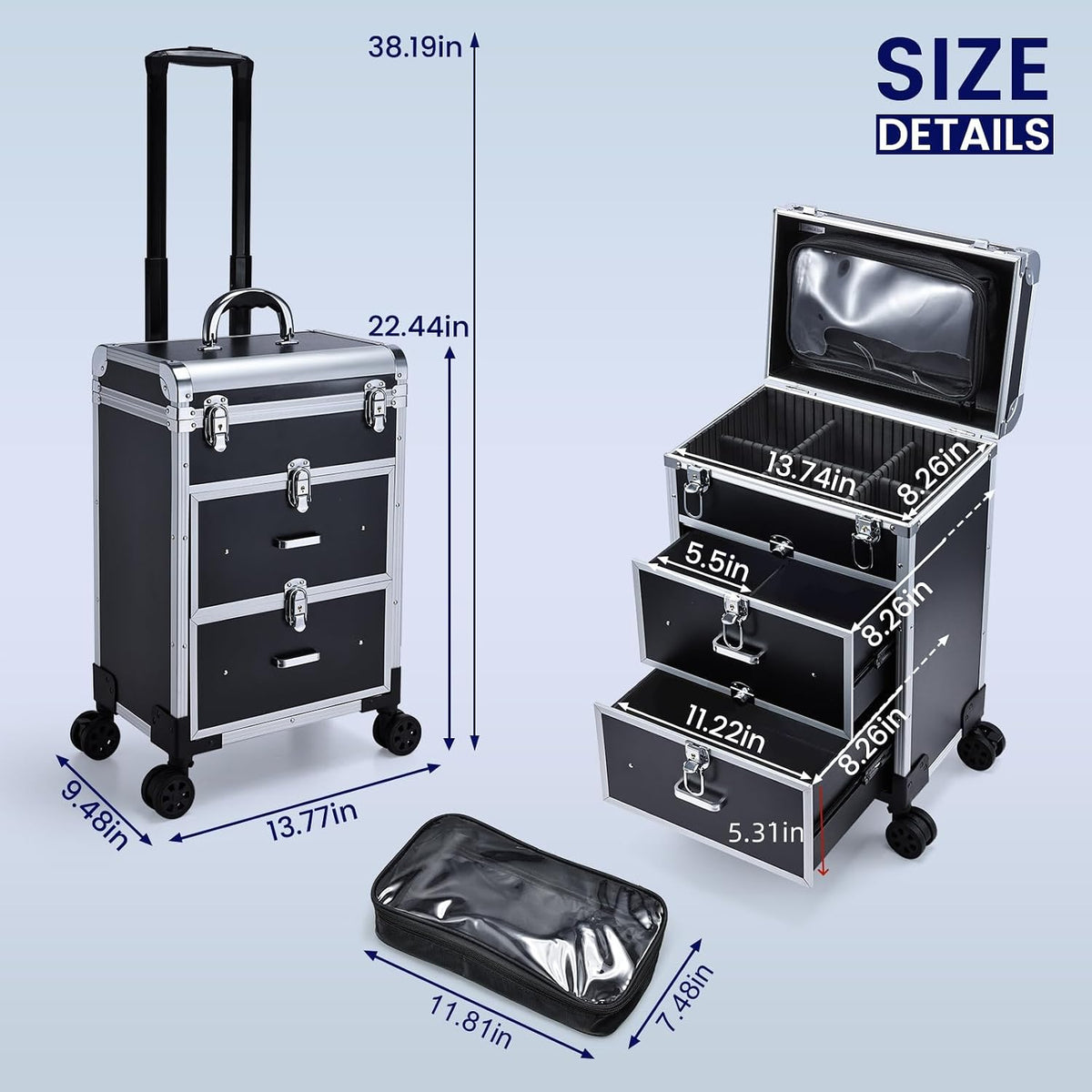 Professional Rolling Makeup Train Case with Drawers, Makeup Case on Wheels, Nail Tech Rolling Cart Storage Organizer Trolley Make up Case for Travel Makeup/Nail Art/Hair Styling, Dark Green