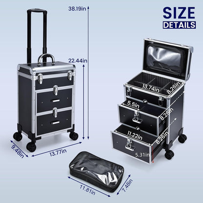 Professional Rolling Makeup Train Case with Drawers, Makeup Case on Wheels, Nail Tech Rolling Cart Storage Organizer Trolley Make up Case for Travel Makeup/Nail Art/Hair Styling, Dark Green