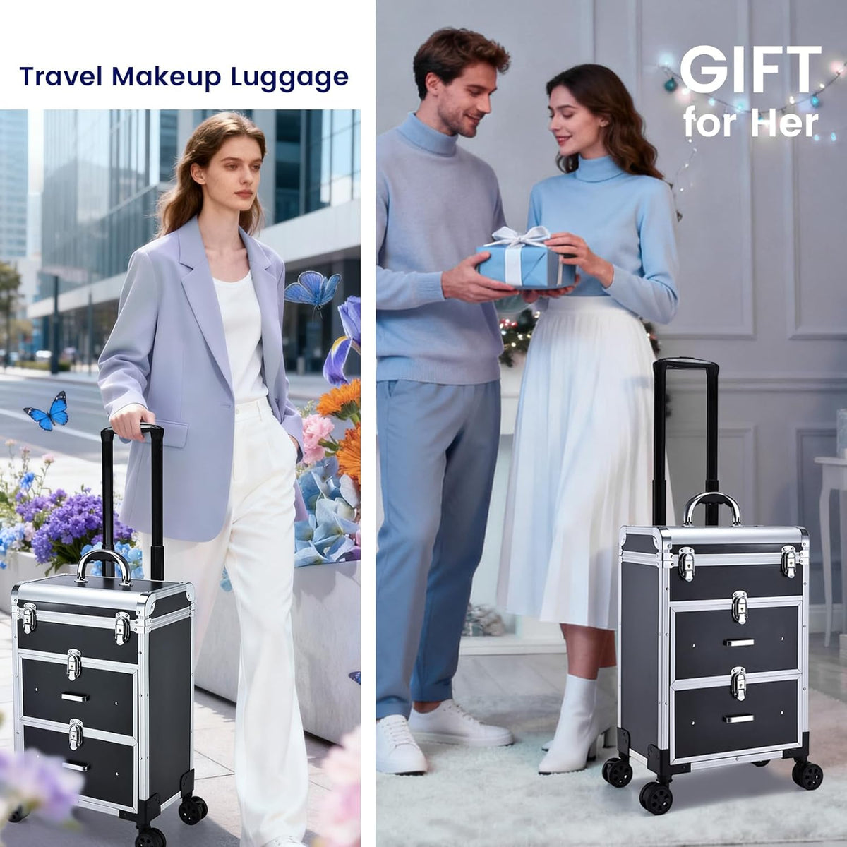 Professional Rolling Makeup Train Case with Drawers, Makeup Case on Wheels, Nail Tech Rolling Cart Storage Organizer Trolley Make up Case for Travel Makeup/Nail Art/Hair Styling, Dark Green