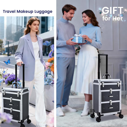 Professional Rolling Makeup Train Case with Drawers, Makeup Case on Wheels, Nail Tech Rolling Cart Storage Organizer Trolley Make up Case for Travel Makeup/Nail Art/Hair Styling, Dark Green