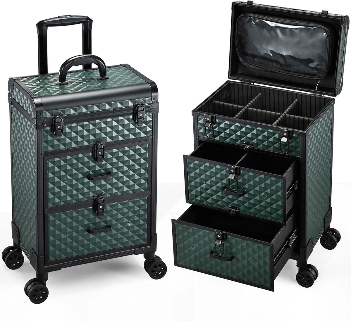 Professional Rolling Makeup Train Case with Drawers, Makeup Case on Wheels, Nail Tech Rolling Cart Storage Organizer Trolley Make up Case for Travel Makeup/Nail Art/Hair Styling, Dark Green