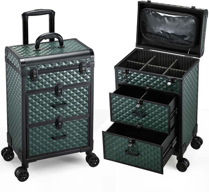 Professional Rolling Makeup Train Case with Drawers, Makeup Case on Wheels, Nail Tech Rolling Cart Storage Organizer Trolley Make up Case for Travel Makeup/Nail Art/Hair Styling, Dark Green