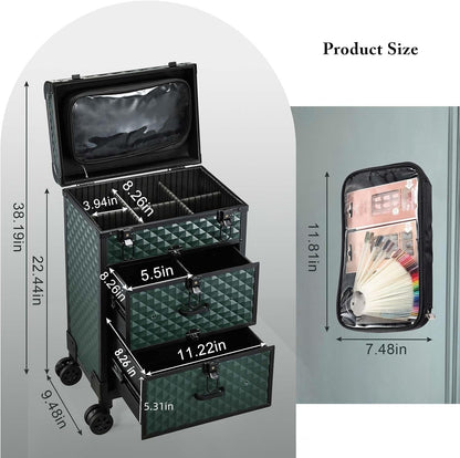Professional Rolling Makeup Train Case with Drawers, Makeup Case on Wheels, Nail Tech Rolling Cart Storage Organizer Trolley Make up Case for Travel Makeup/Nail Art/Hair Styling, Dark Green