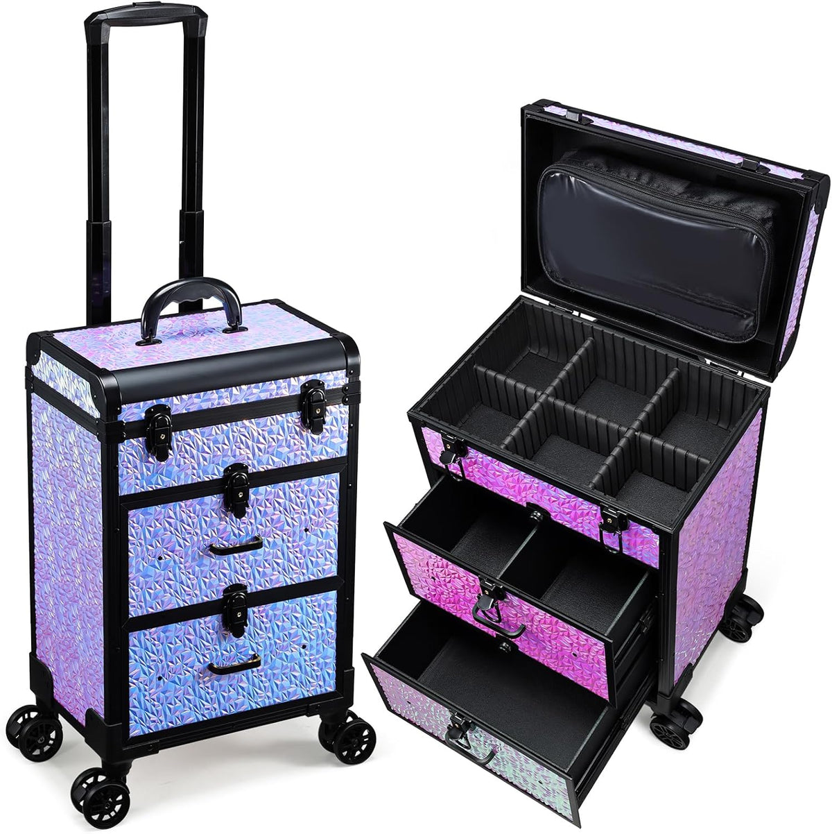 Professional Rolling Makeup Train Case with Drawers, Makeup Case on Wheels, Nail Tech Rolling Cart Storage Organizer Trolley Make up Case for Travel Makeup/Nail Art/Hair Styling, Dark Green