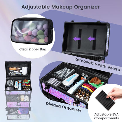 Professional Rolling Makeup Train Case with Drawers, Makeup Case on Wheels, Nail Tech Rolling Cart Storage Organizer Trolley Make up Case for Travel Makeup/Nail Art/Hair Styling, Dark Green