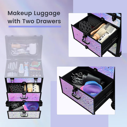 Professional Rolling Makeup Train Case with Drawers, Makeup Case on Wheels, Nail Tech Rolling Cart Storage Organizer Trolley Make up Case for Travel Makeup/Nail Art/Hair Styling, Dark Green