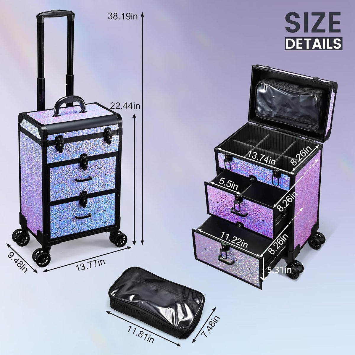 Professional Rolling Makeup Train Case with Drawers, Makeup Case on Wheels, Nail Tech Rolling Cart Storage Organizer Trolley Make up Case for Travel Makeup/Nail Art/Hair Styling, Dark Green
