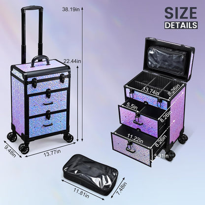 Professional Rolling Makeup Train Case with Drawers, Makeup Case on Wheels, Nail Tech Rolling Cart Storage Organizer Trolley Make up Case for Travel Makeup/Nail Art/Hair Styling, Dark Green