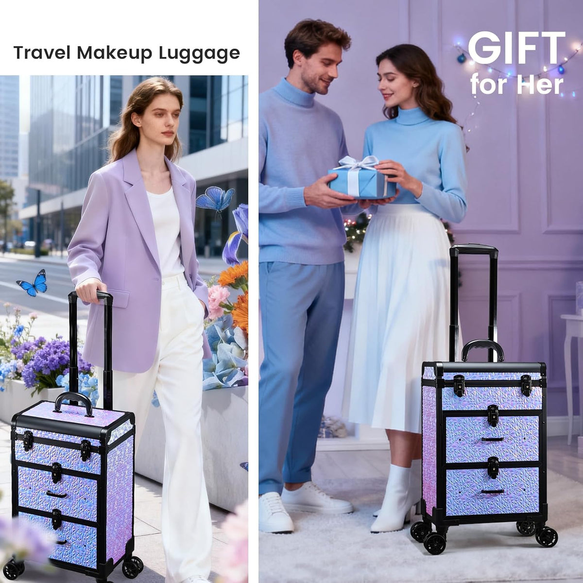Professional Rolling Makeup Train Case with Drawers, Makeup Case on Wheels, Nail Tech Rolling Cart Storage Organizer Trolley Make up Case for Travel Makeup/Nail Art/Hair Styling, Dark Green