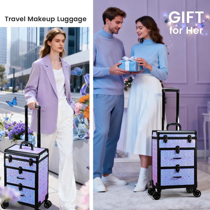 Professional Rolling Makeup Train Case with Drawers, Makeup Case on Wheels, Nail Tech Rolling Cart Storage Organizer Trolley Make up Case for Travel Makeup/Nail Art/Hair Styling, Dark Green