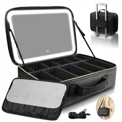 Upgraded Large Travel Makeup Bag with LED Mirror, 15” Makeup Case | With 3 Color Modes Dimming Lighted Mirror, Light up Cosmetic Make up Organizer, PU Leather Cover, Adjustable Dividers