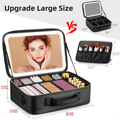 Upgraded Large Travel Makeup Bag with LED Mirror, 15” Makeup Case | With 3 Color Modes Dimming Lighted Mirror, Light up Cosmetic Make up Organizer, PU Leather Cover, Adjustable Dividers