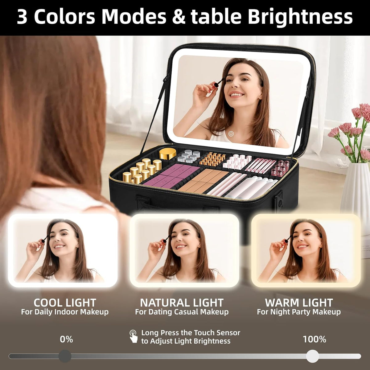 Upgraded Large Travel Makeup Bag with LED Mirror, 15” Makeup Case | With 3 Color Modes Dimming Lighted Mirror, Light up Cosmetic Make up Organizer, PU Leather Cover, Adjustable Dividers