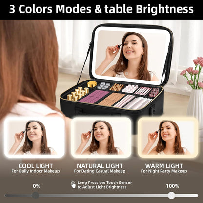 Upgraded Large Travel Makeup Bag with LED Mirror, 15” Makeup Case | With 3 Color Modes Dimming Lighted Mirror, Light up Cosmetic Make up Organizer, PU Leather Cover, Adjustable Dividers