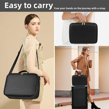 Upgraded Large Travel Makeup Bag with LED Mirror, 15” Makeup Case | With 3 Color Modes Dimming Lighted Mirror, Light up Cosmetic Make up Organizer, PU Leather Cover, Adjustable Dividers