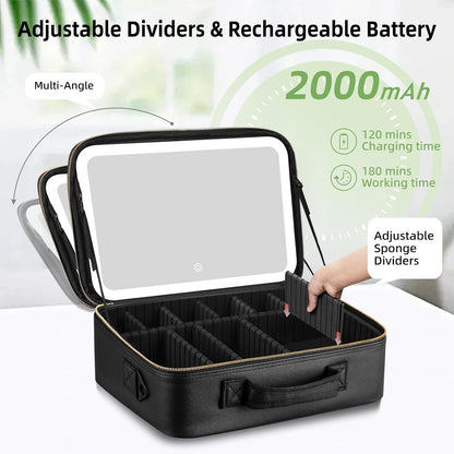 Upgraded Large Travel Makeup Bag with LED Mirror, 15” Makeup Case | With 3 Color Modes Dimming Lighted Mirror, Light up Cosmetic Make up Organizer, PU Leather Cover, Adjustable Dividers